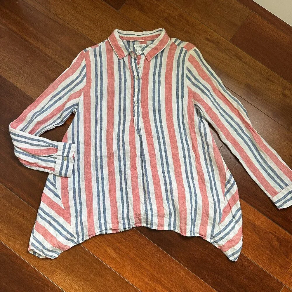 Artisan NYC 100% linen tunic shirt red white and blue size M - Picture 2 of 6